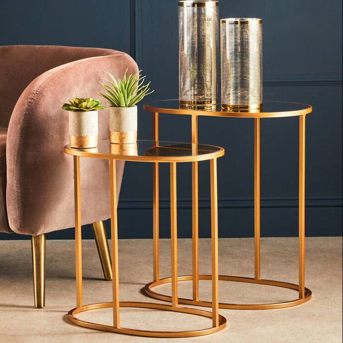 Set of 2 Mirrored Glass Oval Top Side Tables with Gold Finish Metal Frame | Avantis