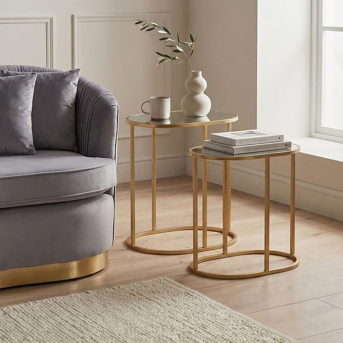 Set of 2 Mirrored Glass Oval Top Side Tables with Gold Finish Metal Frame | Avantis