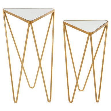 Set of 2 Mirrored Glass Triangle Top Side Tables with Gold Hairpin Legs, Avantis