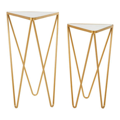 Set of 2 Mirrored Glass Triangle Top Side Tables with Gold Hairpin Legs, Avantis