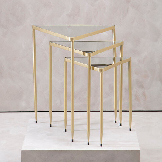 Set of 3 Mirrored Glass Top Triangle Nesting Tables with Gold Champagne Metal Frame, Avantis