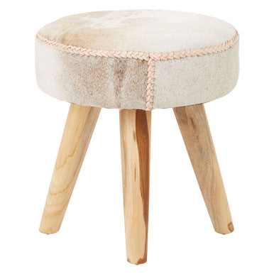 Kendari Cream and Natural Hair on Leather Stool with Patchwork Design