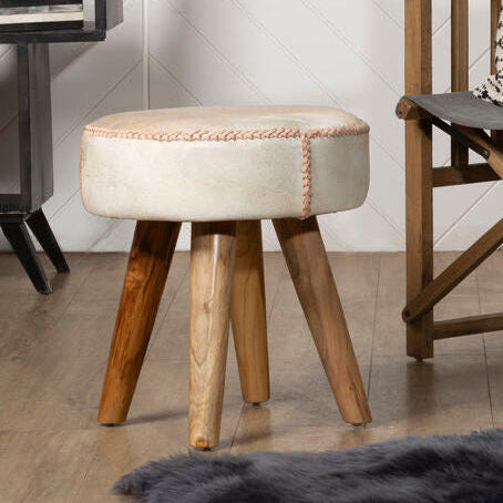 Kendari Cream and Natural Hair on Leather Stool with Patchwork Design