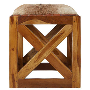 Kendari Hair on Leather and Teak Wood Square Stool