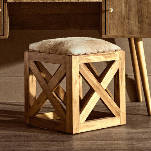 Hair on Leather and Teak Wood Square Stool | Kendari