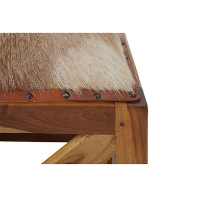 Kendari Hair on Leather and Teak Wood Square Stool