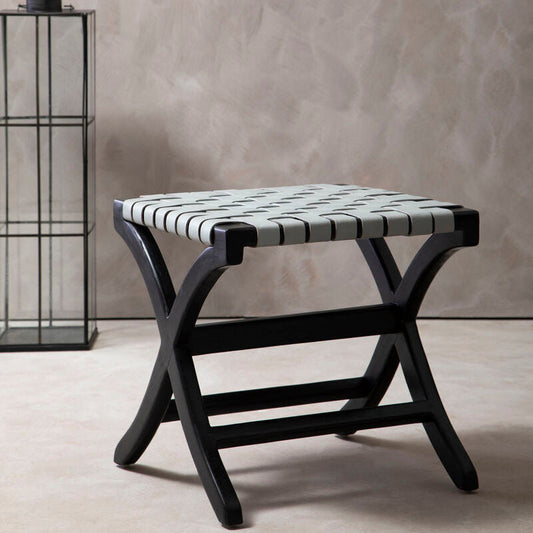 Kendari Woven Grey Leather And Black Teak Stool