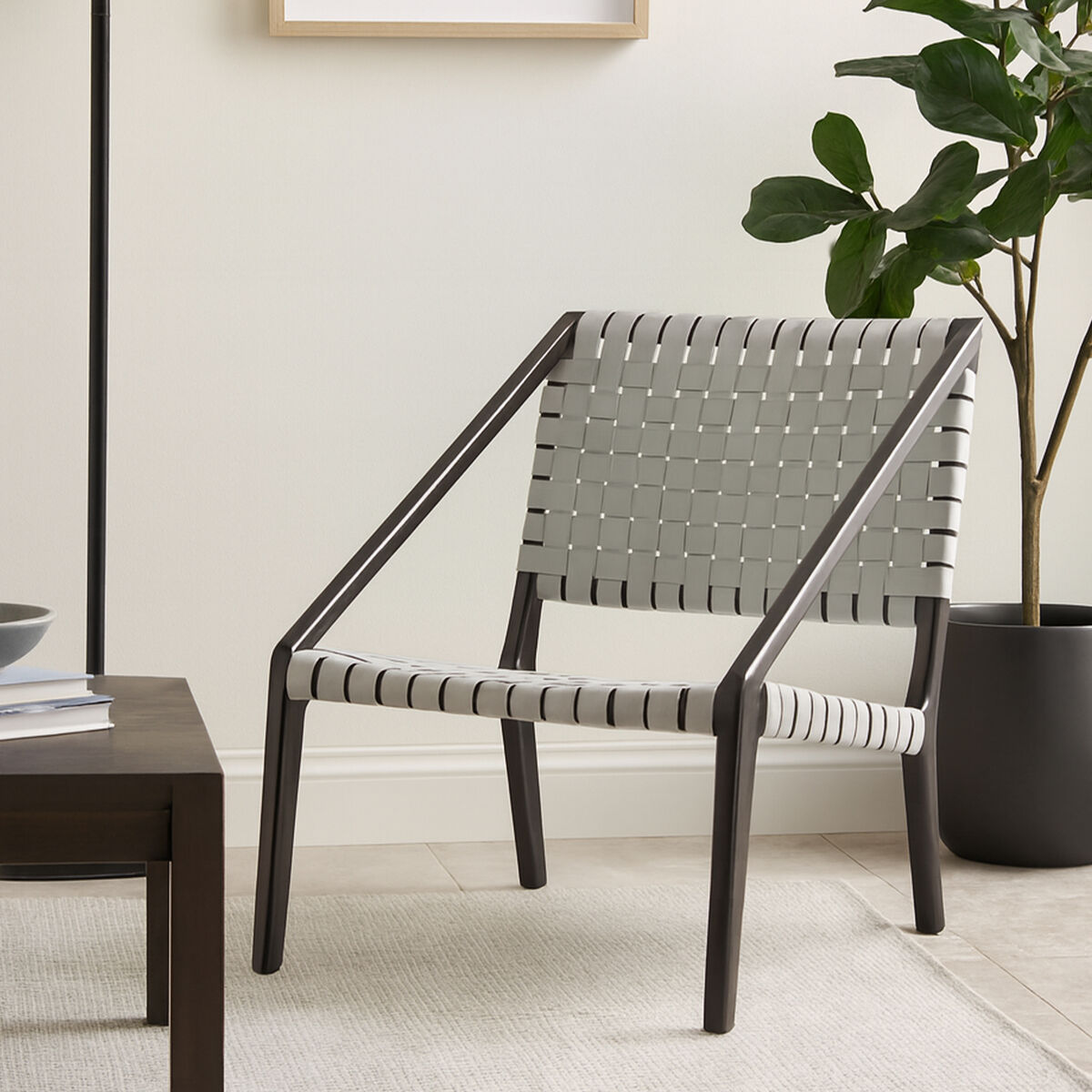 Kendari Grey Leather Woven Chair with Wood Frame