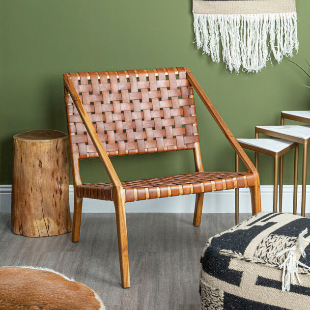 Kendari Tan Woven Leather Chair with Wood Frame