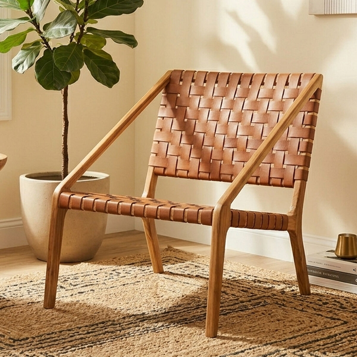 Kendari Tan Genuine Leather Woven Lounge Chair