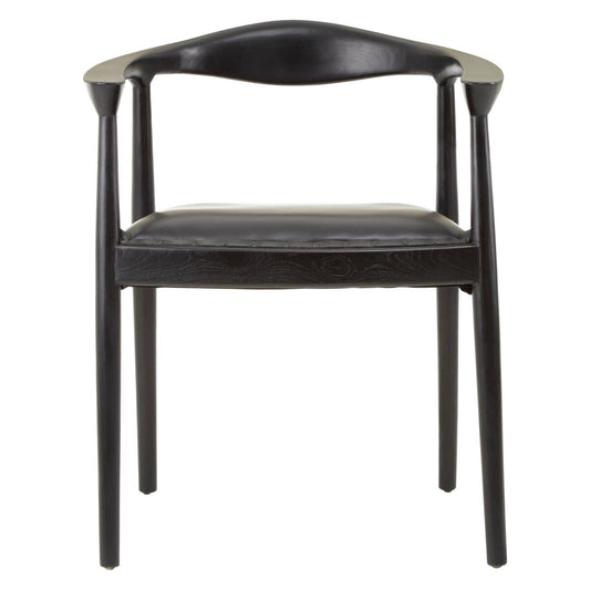 Kendari Black Leather and Teak Wood Armchair with Stud Detail