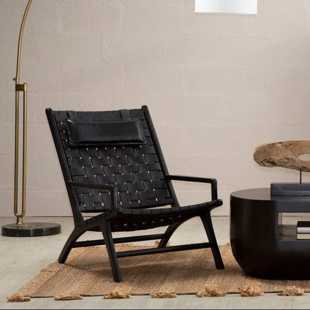 Kendari Black Leather Woven Chair with Wood Frame