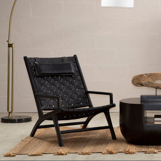 Kendari Black Leather Woven Chair with Wood Frame