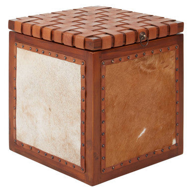 Kendari Natural Hair on Leather Storage Stool with Stud Detail