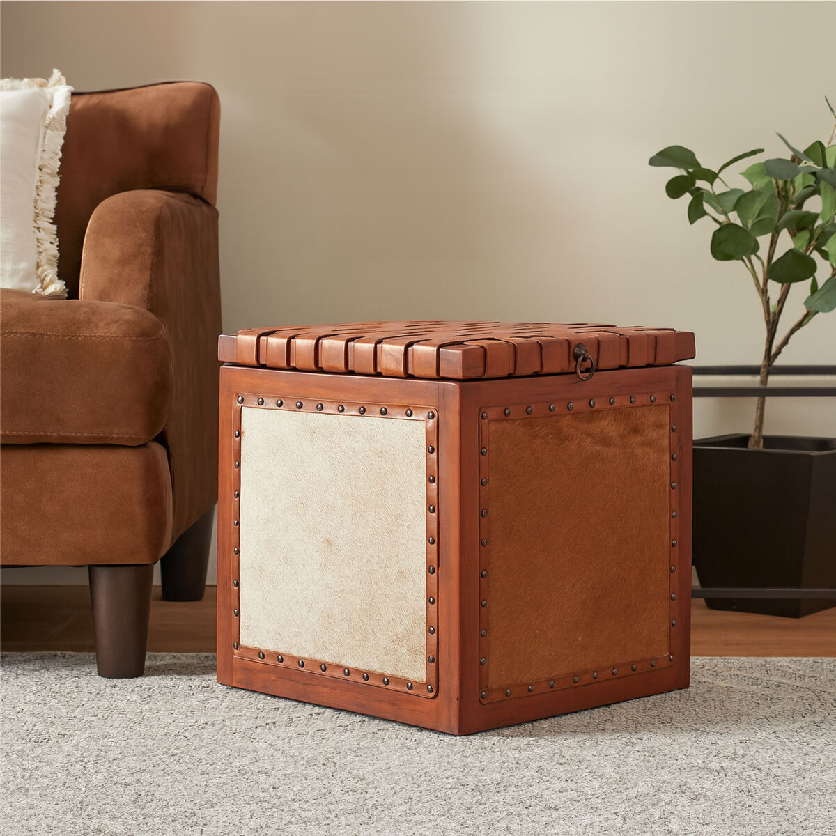 Kendari Natural Hair on Leather Storage Stool with Stud Detail