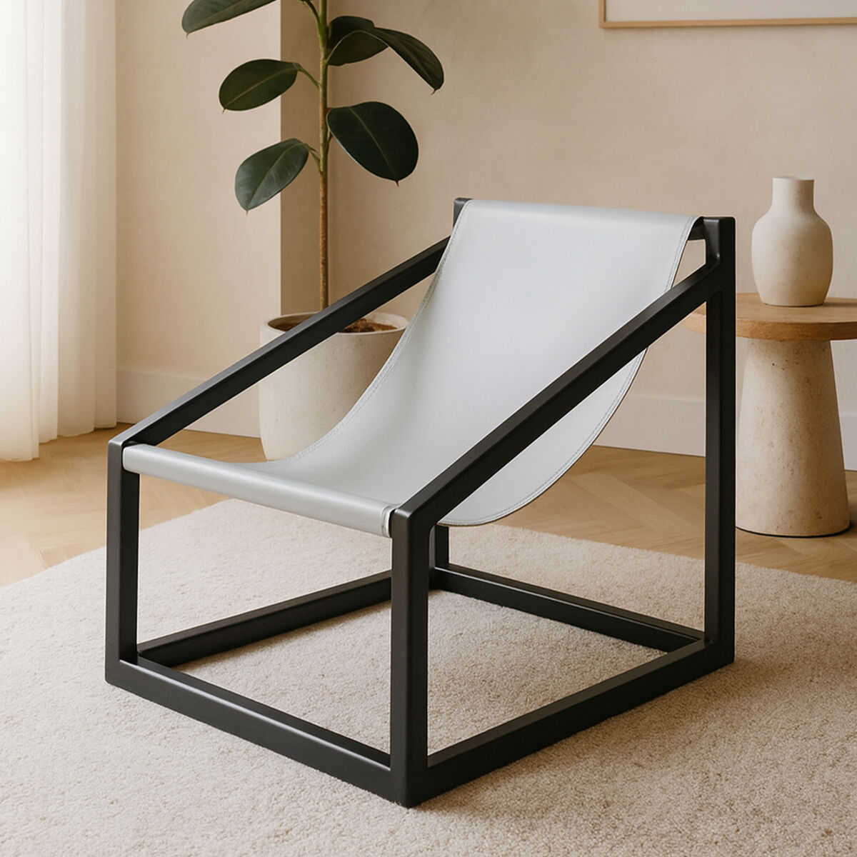 Kendari Grey Cow Leather Chair with Wood Frame