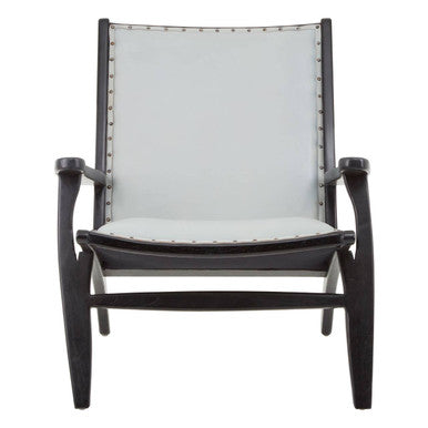 Kendari Grey Leather and Teak Wood Chair with Stud Detail
