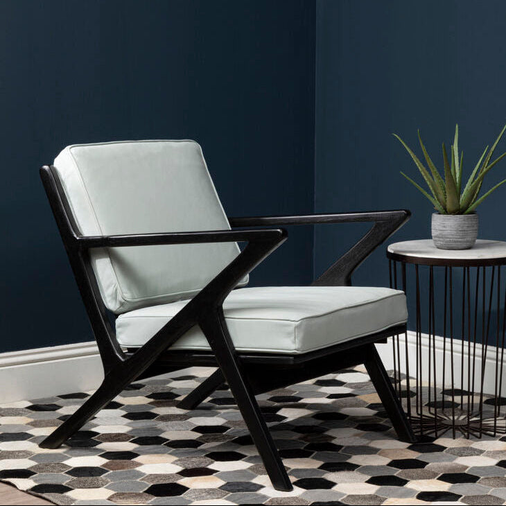 Kendari Grey Leather and Black Teak Wood Armchair with Wood Frame