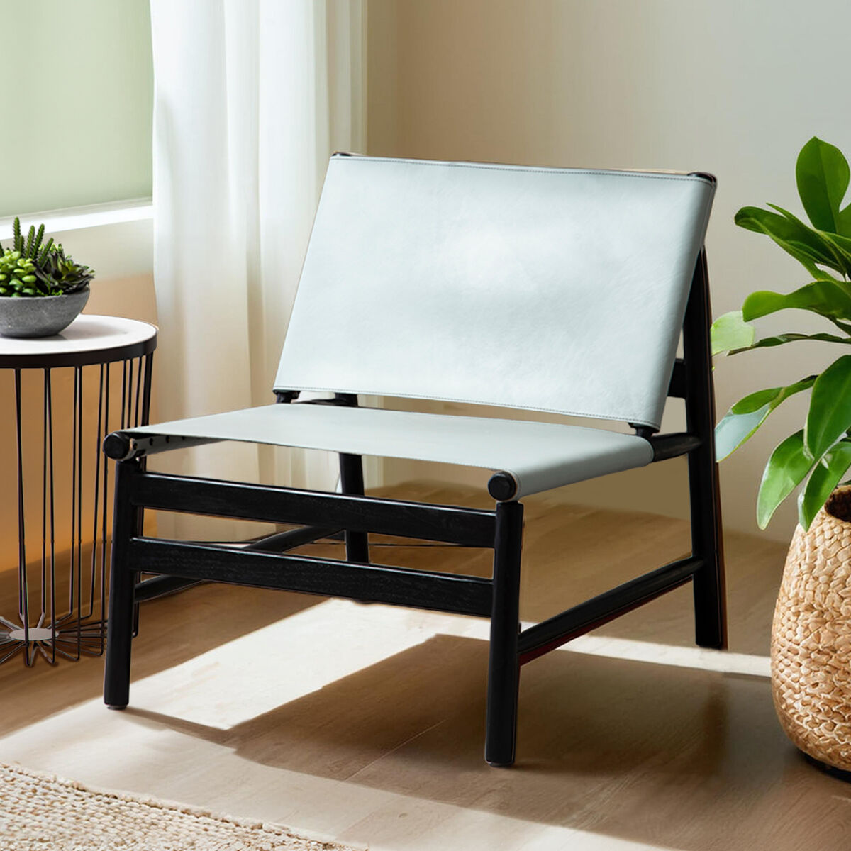 Grey Leather and Black Teak Modern Sling Chair | Kendari