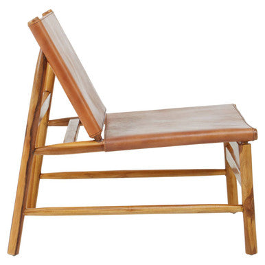 Kendari Brown Leather and Teak Modern Sling Chair