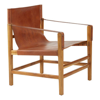 Kendari Brown Leather and Natural Teak Wood Chair with Sling Design