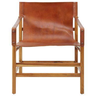Kendari Brown Leather and Natural Teak Wood Chair with Sling Design