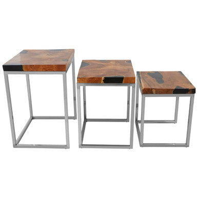 Set of 3 Black and Natural Teak Wood Nesting Tables with Silver Metal Frame, Surak
