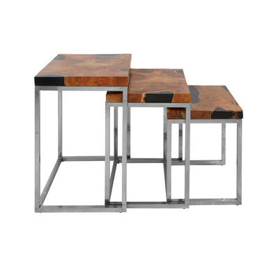 Set of 3 Black and Natural Teak Wood Nesting Tables with Silver Metal Frame, Surak