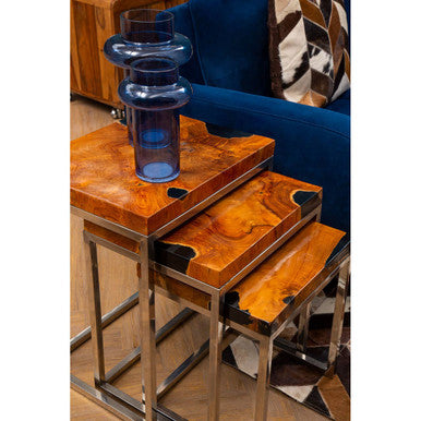 Set of 3 Black and Natural Teak Wood Nesting Tables with Silver Metal Frame, Surak
