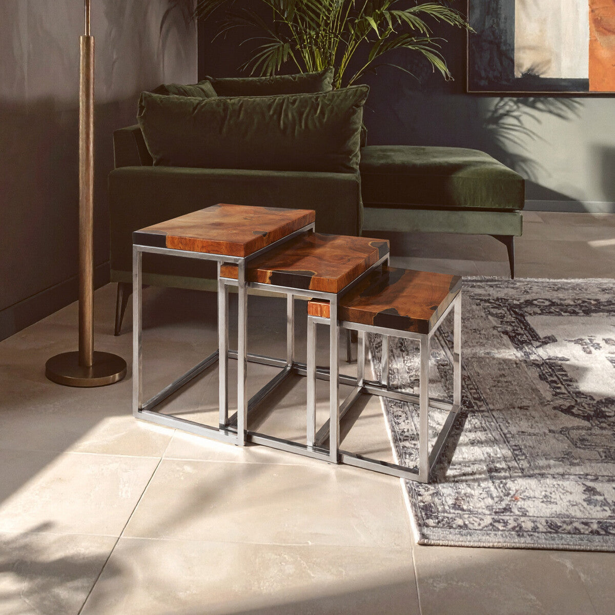 Set of 3 Black and Natural Teak Wood Nesting Tables with Silver Metal Frame, Surak