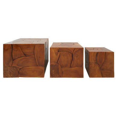 Set of 3 Brown Solid Teak Wood Side Tables and Stools, Surak