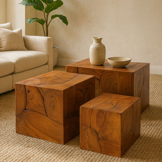 Set of 3 Brown Solid Teak Wood Side Tables and Stools, Surak