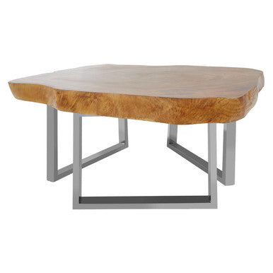 Natural Teak Wood Coffee Table with Silver Steel Frame | Surak