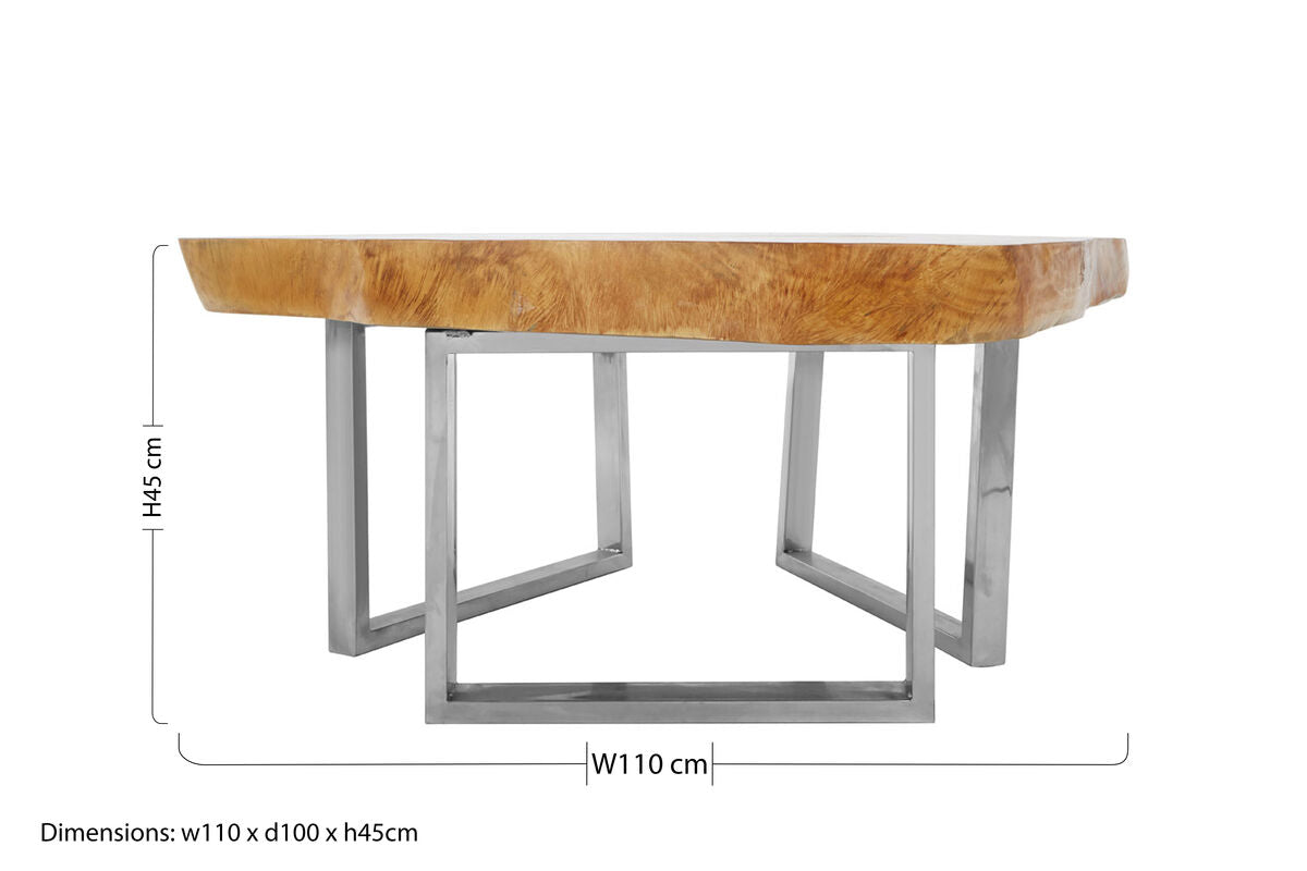 Natural Teak Wood Coffee Table with Silver Steel Frame | Surak