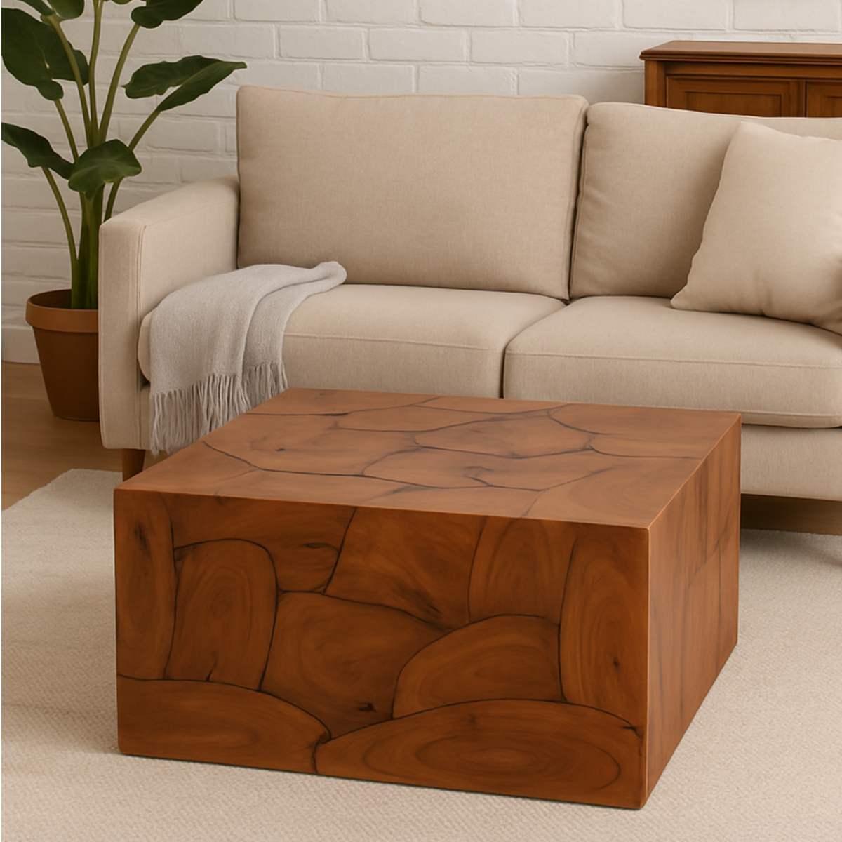 Brown Teak Wood Cuboid Coffee Table, Surak