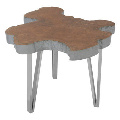 Silver Teak Wood Top Medium Side Table with Stainless Steel Legs, Surak