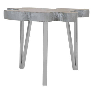 Silver Teak Wood Top Medium Side Table with Stainless Steel Legs, Surak