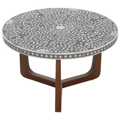 Black and White Mother of Pearl Design Top Round Coffee Table with Wood Base | Fusion