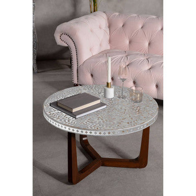 Black and White Mother of Pearl Design Top Round Coffee Table with Wood Base | Fusion