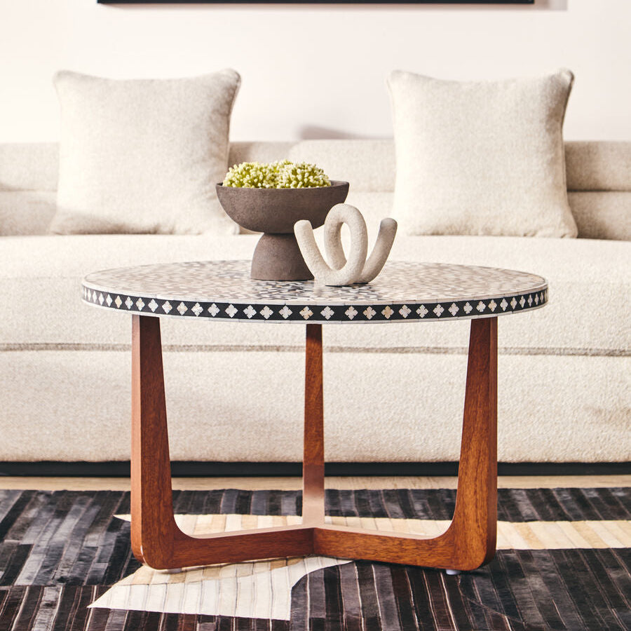Black and White Mother of Pearl Design Top Round Coffee Table with Wood Base | Fusion