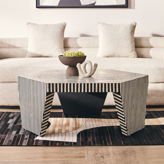 Black and White Striped Bone Inlay Hexagon Coffee Table, Fusion