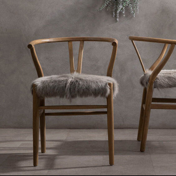 Natural Oak Wood and Grey Fur Dining Chair | Hazel