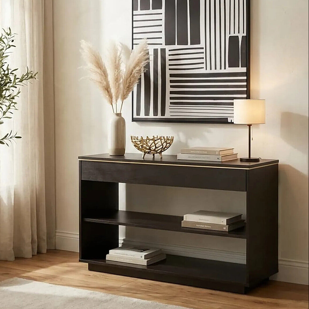 Brown Oak Veneer Wooden Console Table with Storage Space, Diamond