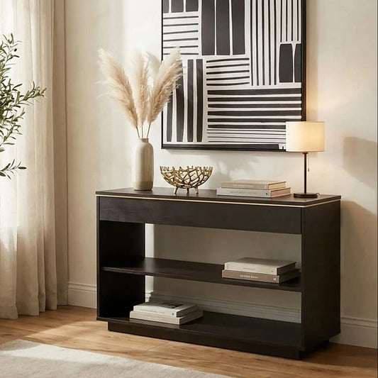 Brown Oak Veneer Wooden Console Table with Storage Space, Diamond