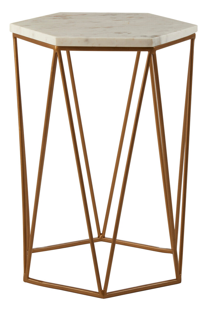 White Solid Marble Top Hexagonal Side Table with Gold Finish Metallic Frame, Shalimar
