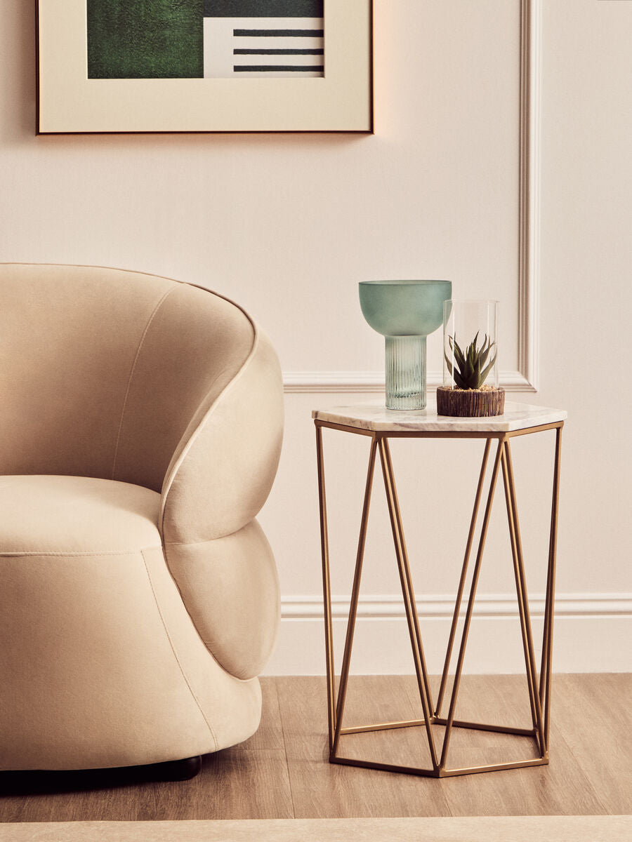 White Solid Marble Top Hexagonal Side Table with Gold Finish Metallic Frame, Shalimar