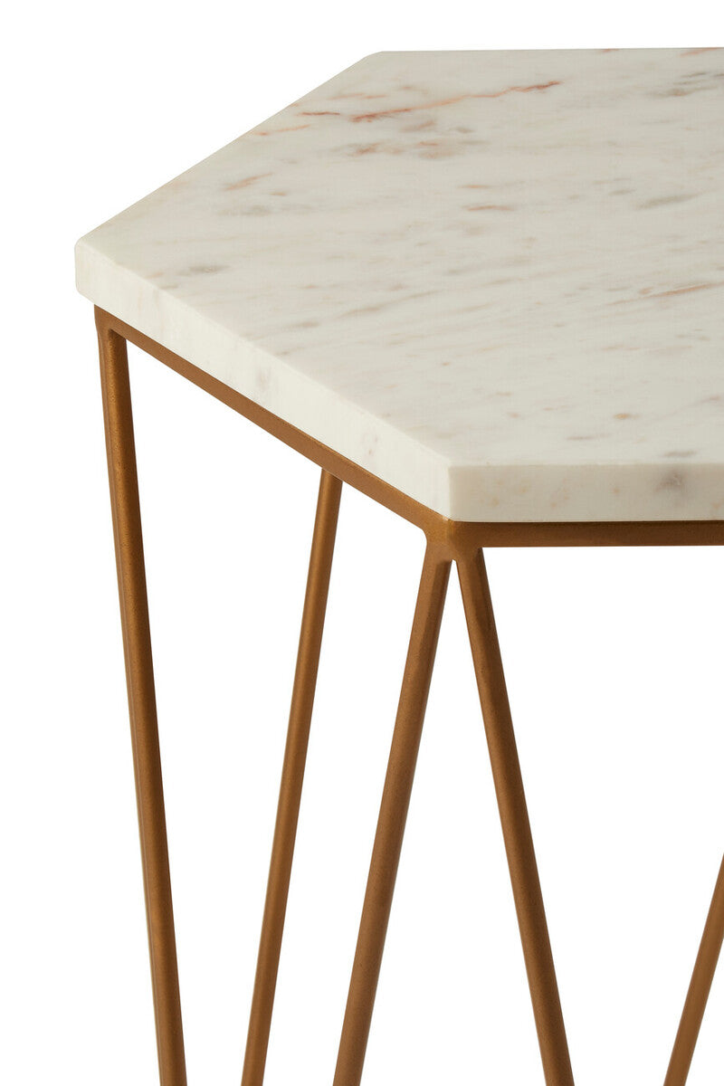 White Solid Marble Top Hexagonal Side Table with Gold Finish Metallic Frame, Shalimar