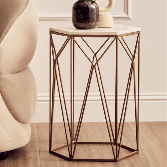 White Marble Top Side Table with Geometric Open Frame Gold Metallic Base, Shalimar