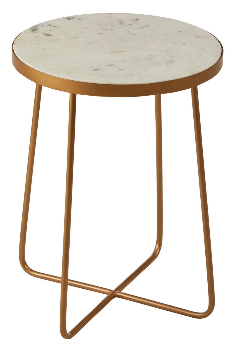 White Marble Top Round Side Table with Flowing Gold Finish Metallic Cross Base | Shalimar