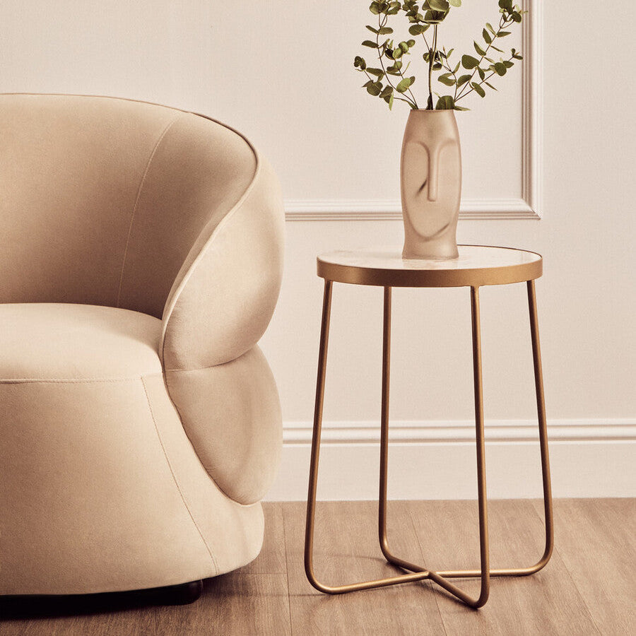White Marble Top Round Side Table with Flowing Gold Finish Metallic Cross Base | Shalimar